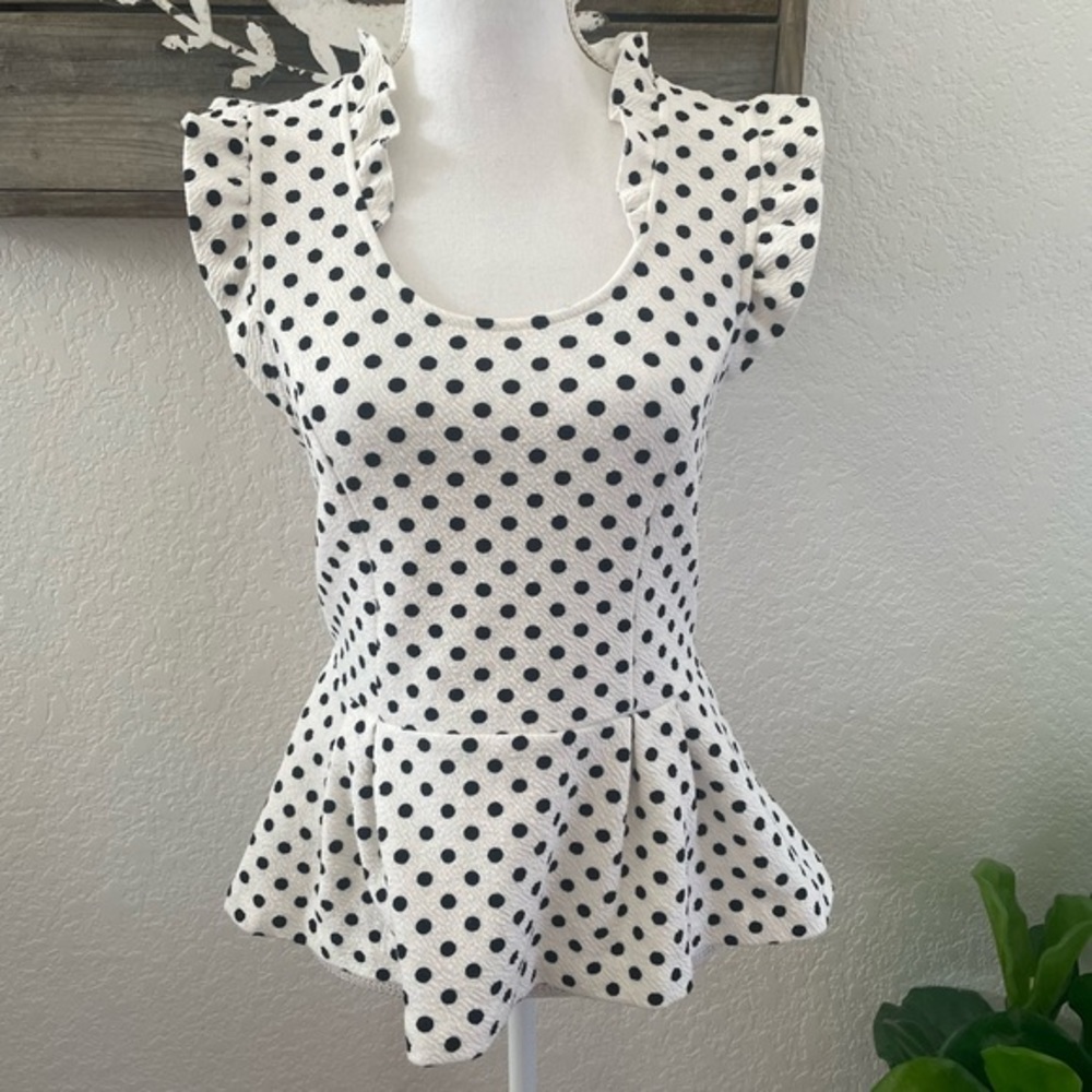 Anthropologie Postmark polka dot peplum tank top black‎ white M